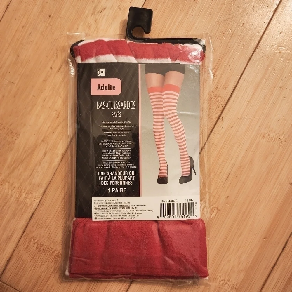 NWT Punk Goth Red White Stripe Thigh High Stockings OS Fits Most Candy Cane New